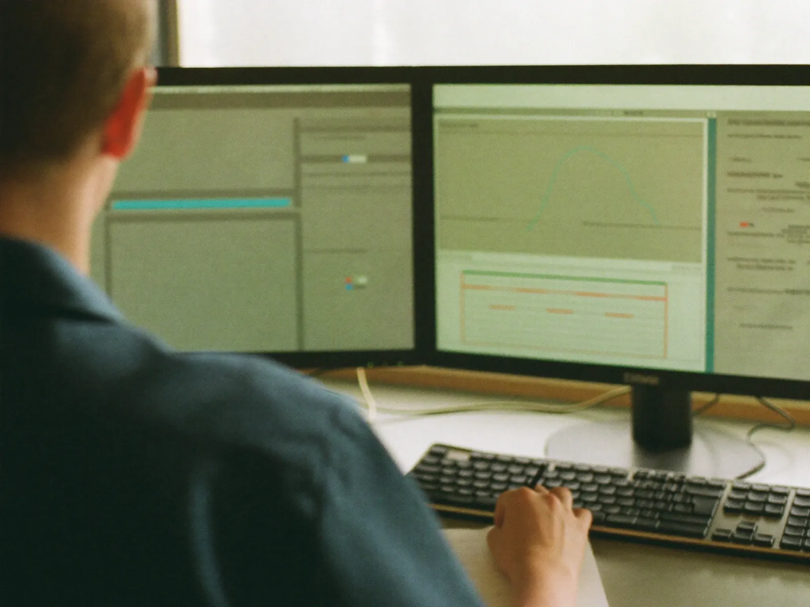 A researcher at dual monitors showing scatterplots and statistical output